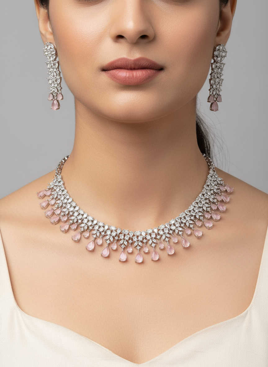 Elegant Rose Pink Teardrop & Diamond Look Necklace Set