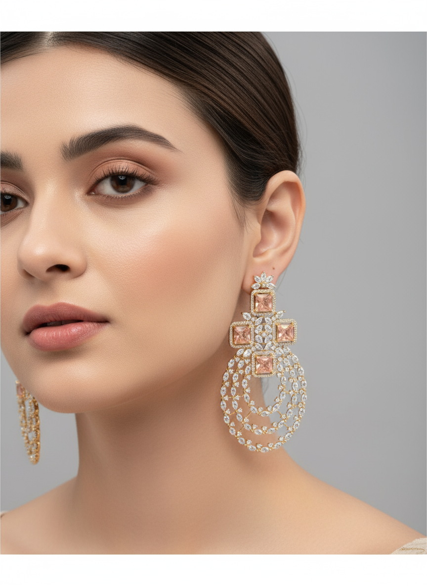 Peach Crystal Gold Polish Chandelier Earrings