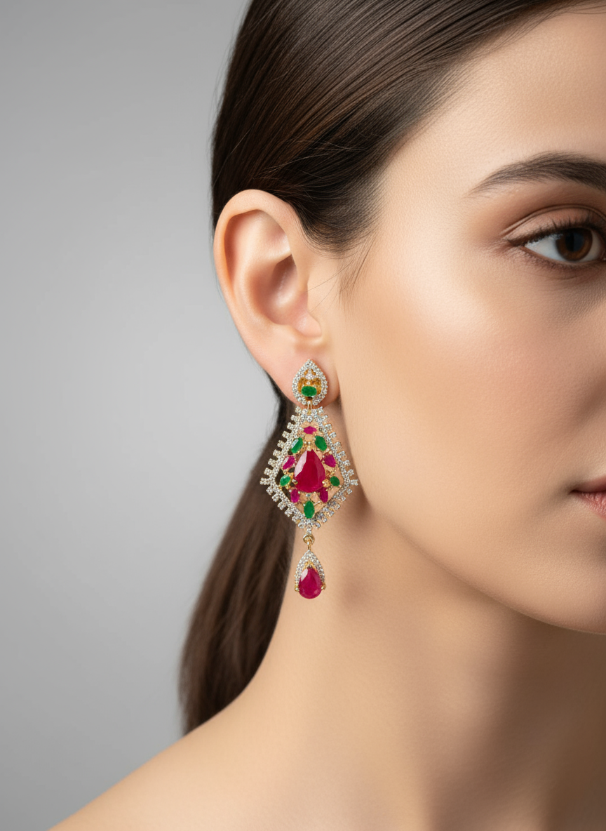 Ruby Red and Emerald Green CZ Geometric Earrings