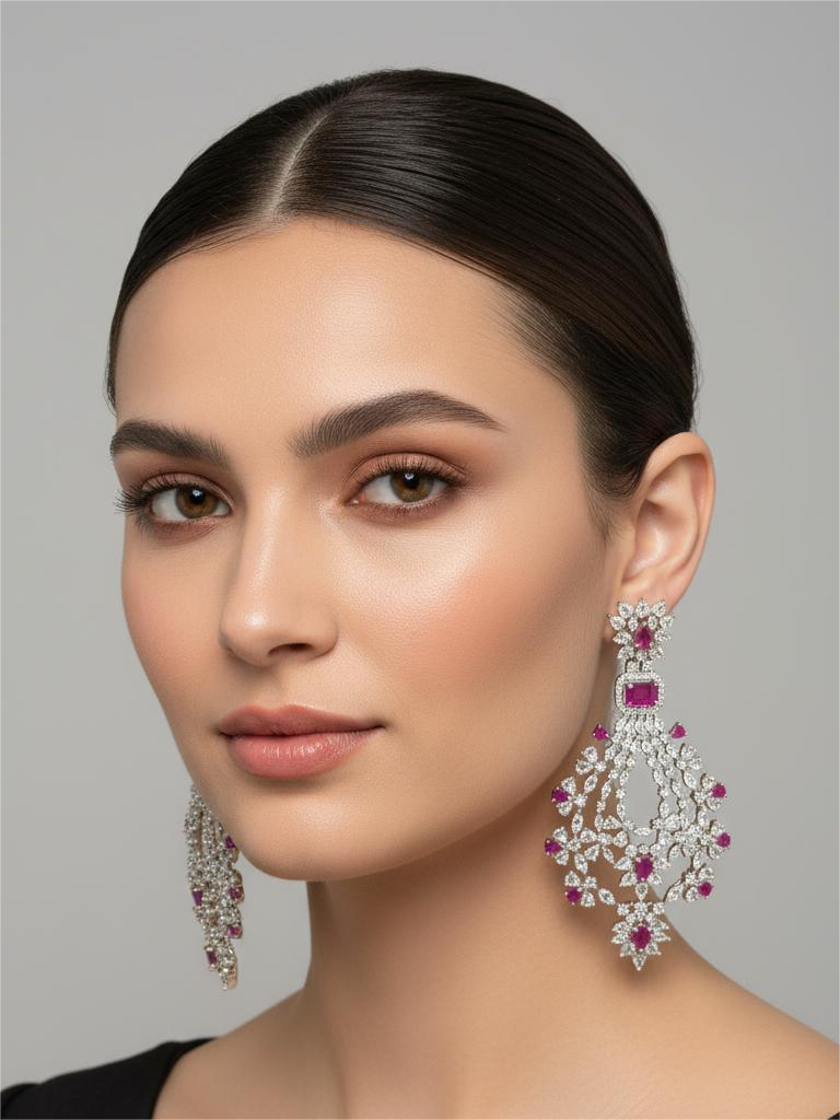 Rhodium Polish Floral Pink Sapphire-Look Drop Earrings