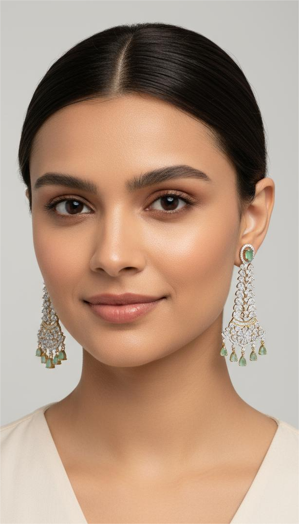 Leafy Marquise Cut Zirconia & Mint Pear Drop Earrings