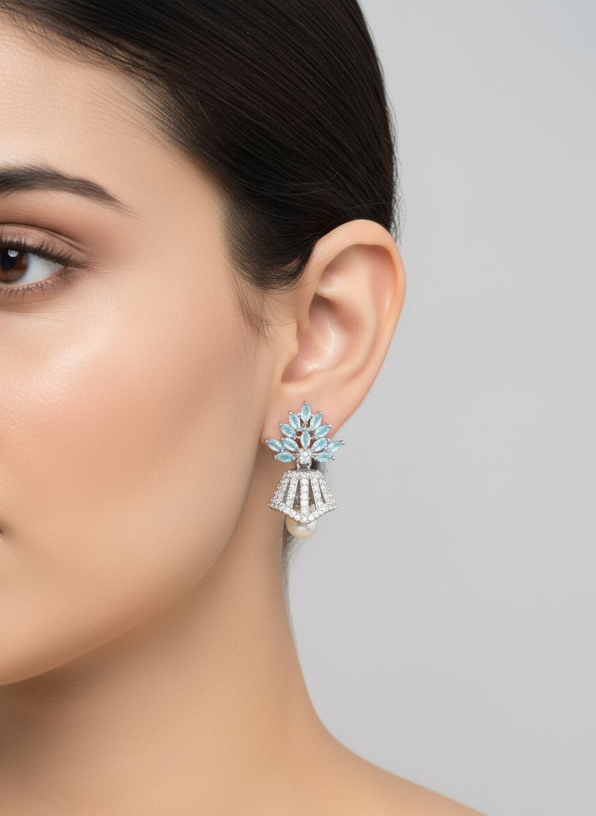 Aqua Blue Marquise Flower Stud with Pearl Drop