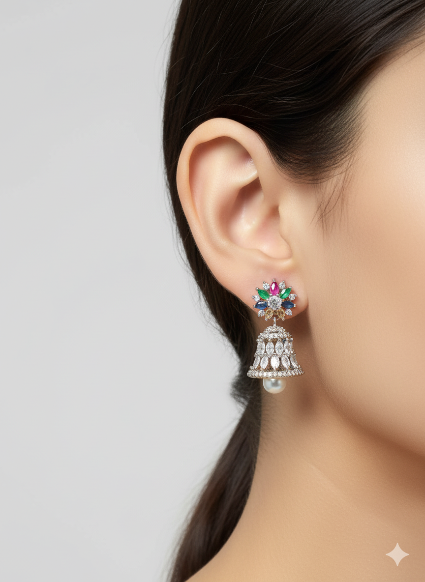 Multi-Color CZ Stone Floral Jhumka