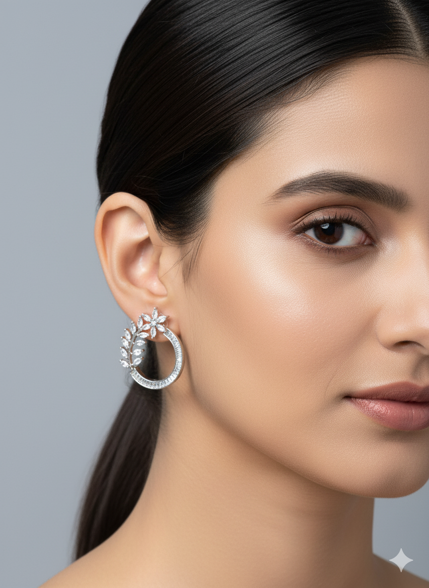 Silver Tone Flower & Leaf Earlobe Stud