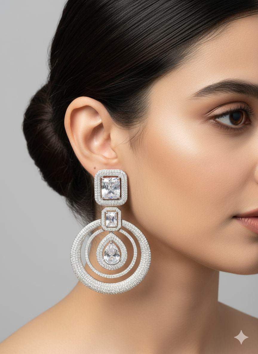 Square-Top White Crystal Large Drop Earrings