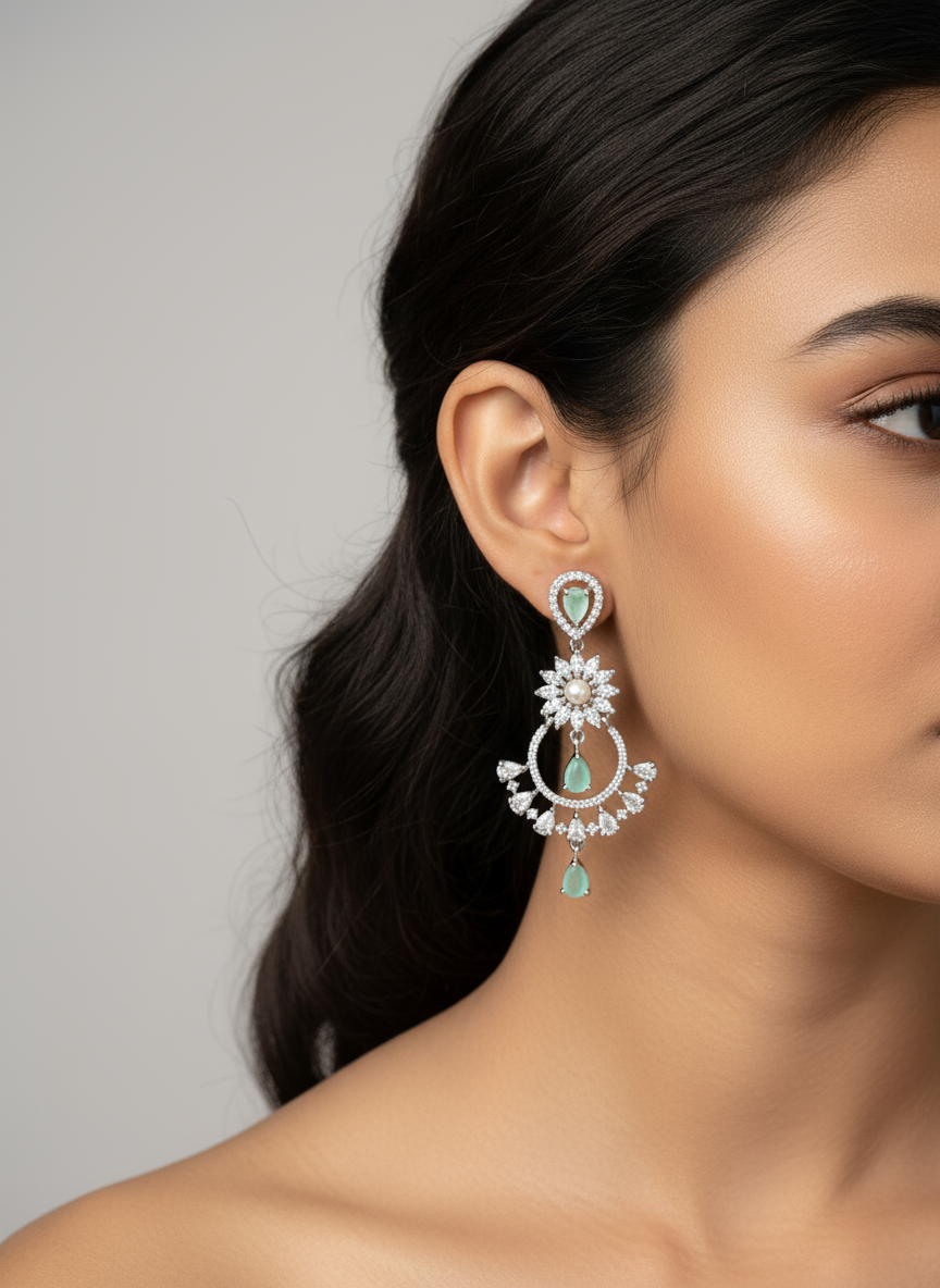 Mint Green & Pearl Floral Cluster Statement Dangler