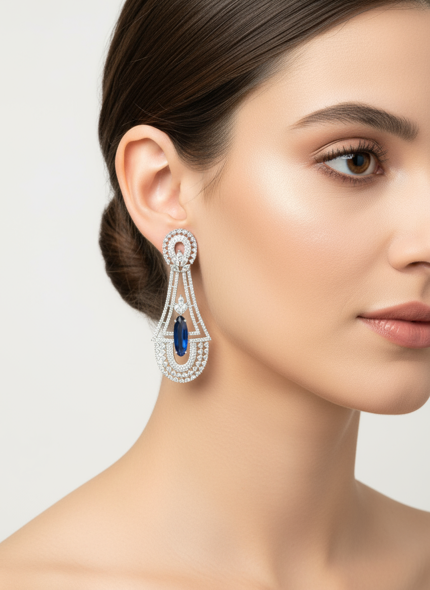 Sapphire Blue Center Geometric CZ Statement Dangler