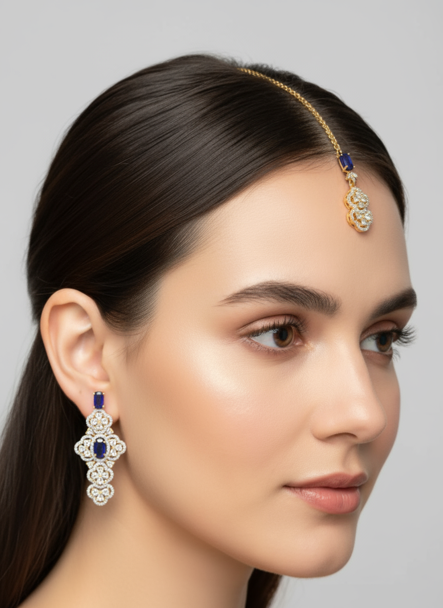 Royal Blue Stone Maang Tikka with Matching Earrings Set