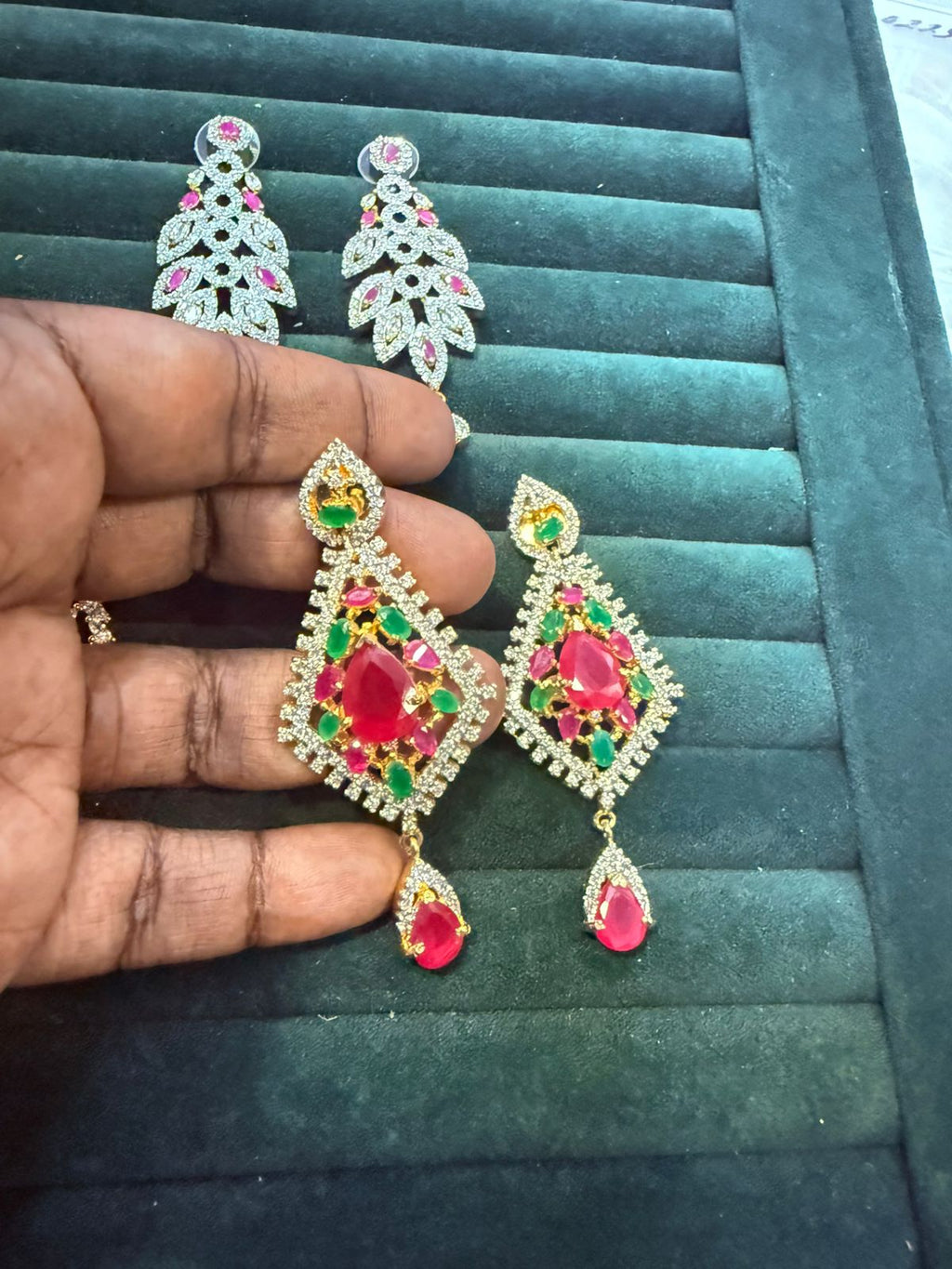 Ruby Red and Emerald Green CZ Geometric Earrings