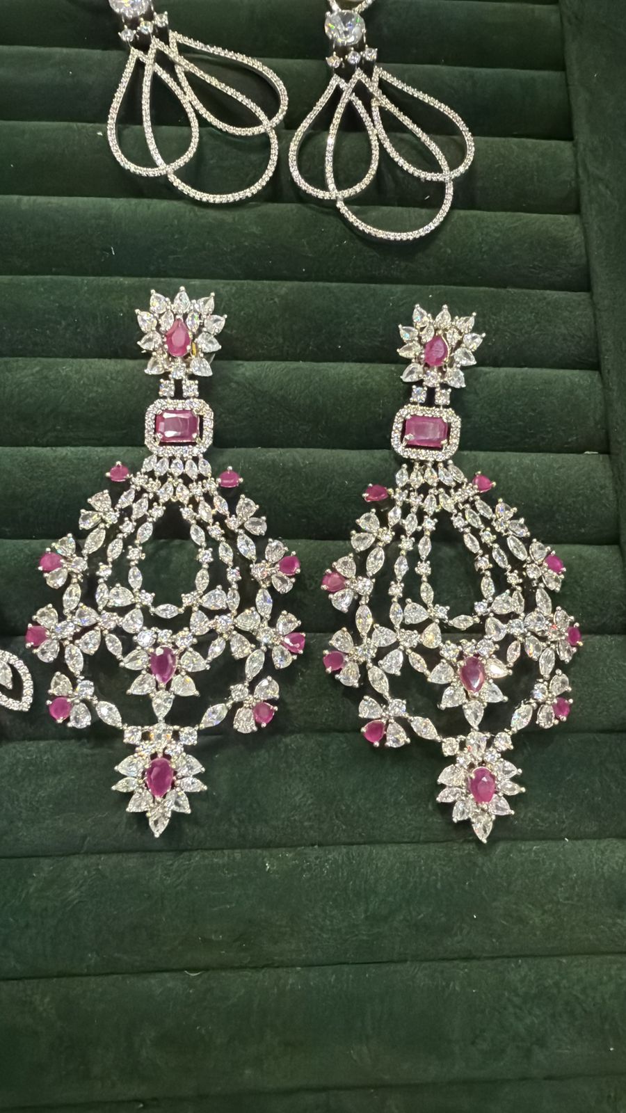 Rhodium Polish Floral Pink Sapphire-Look Drop Earrings