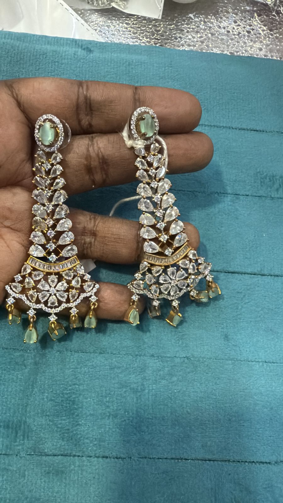 Leafy Marquise Cut Zirconia & Mint Pear Drop Earrings