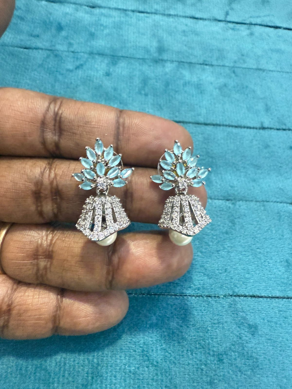 Aqua Blue Marquise Flower Stud with Pearl Drop