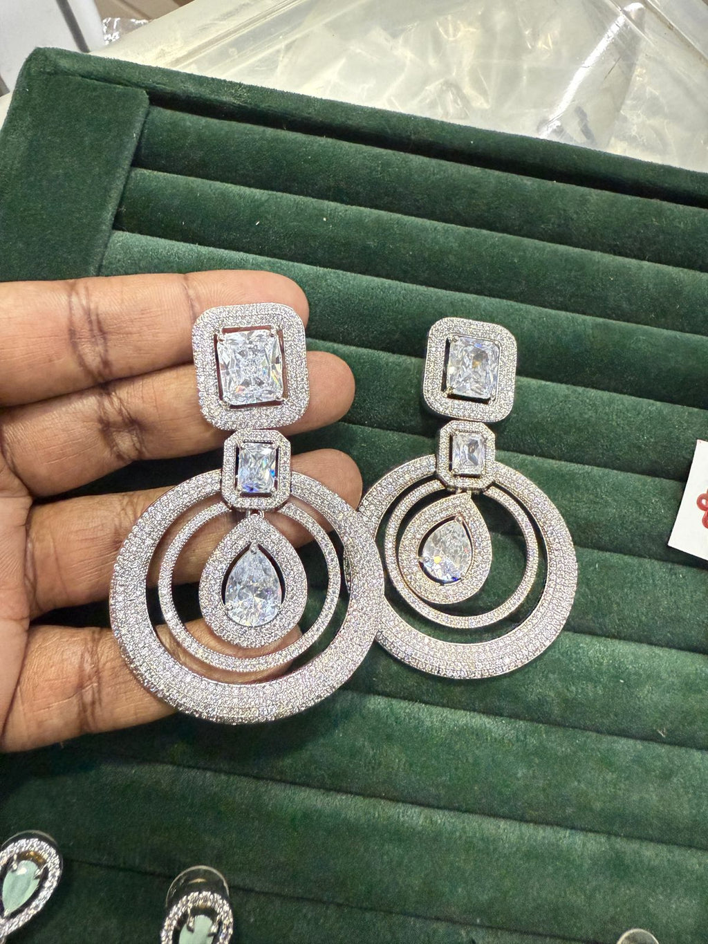 Square-Top White Crystal Large Drop Earrings