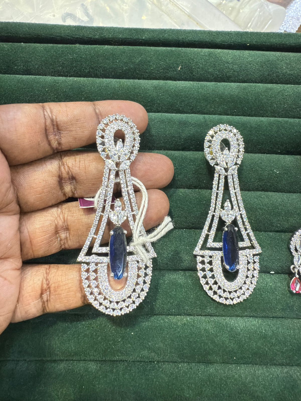 Sapphire Blue Center Geometric CZ Statement Dangler