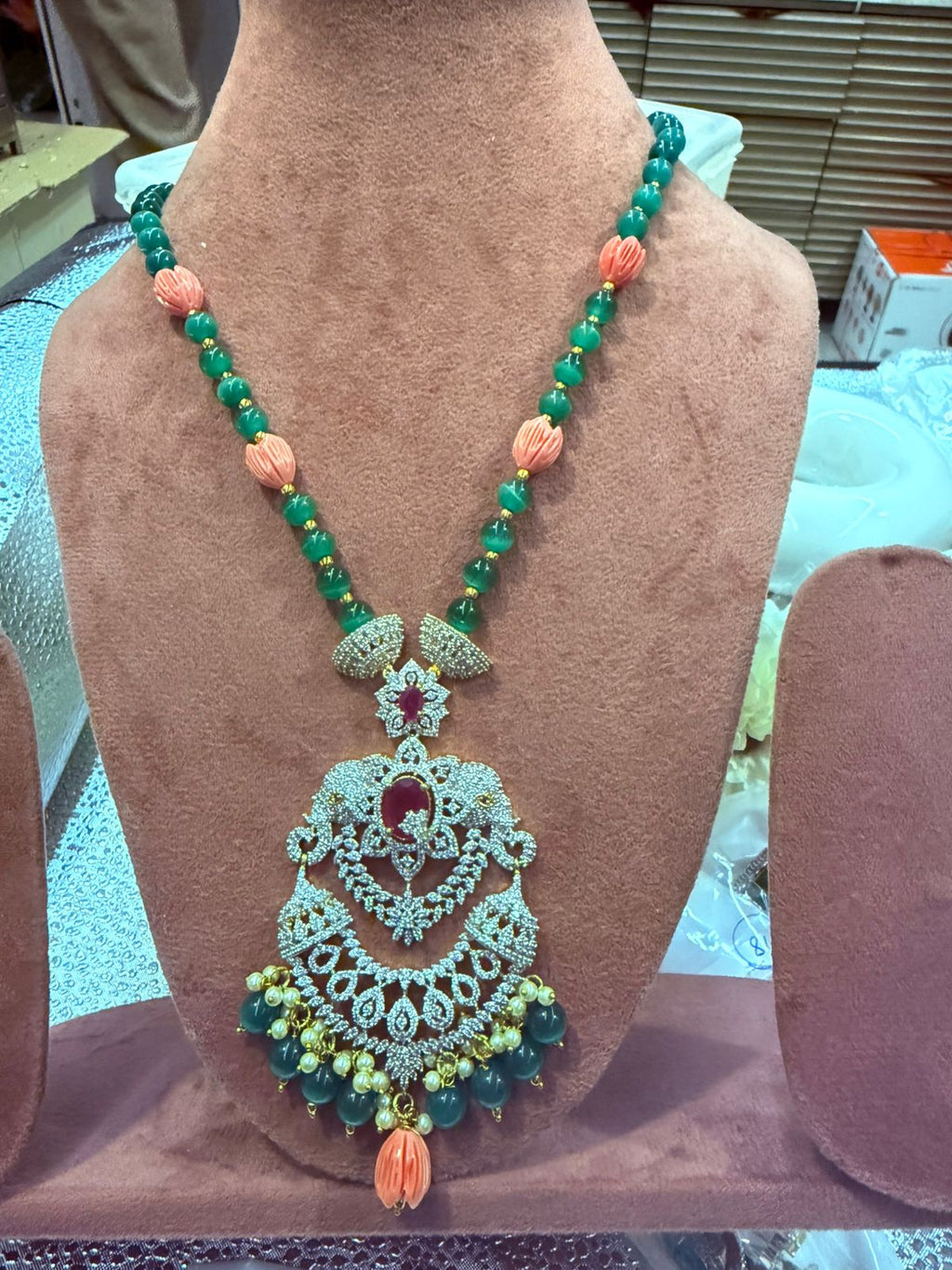 Emerald Green & Coral Beaded Necklace Set with CZ Pendant