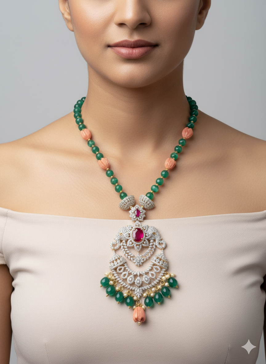 Emerald Green & Coral Beaded Necklace Set with CZ Pendant