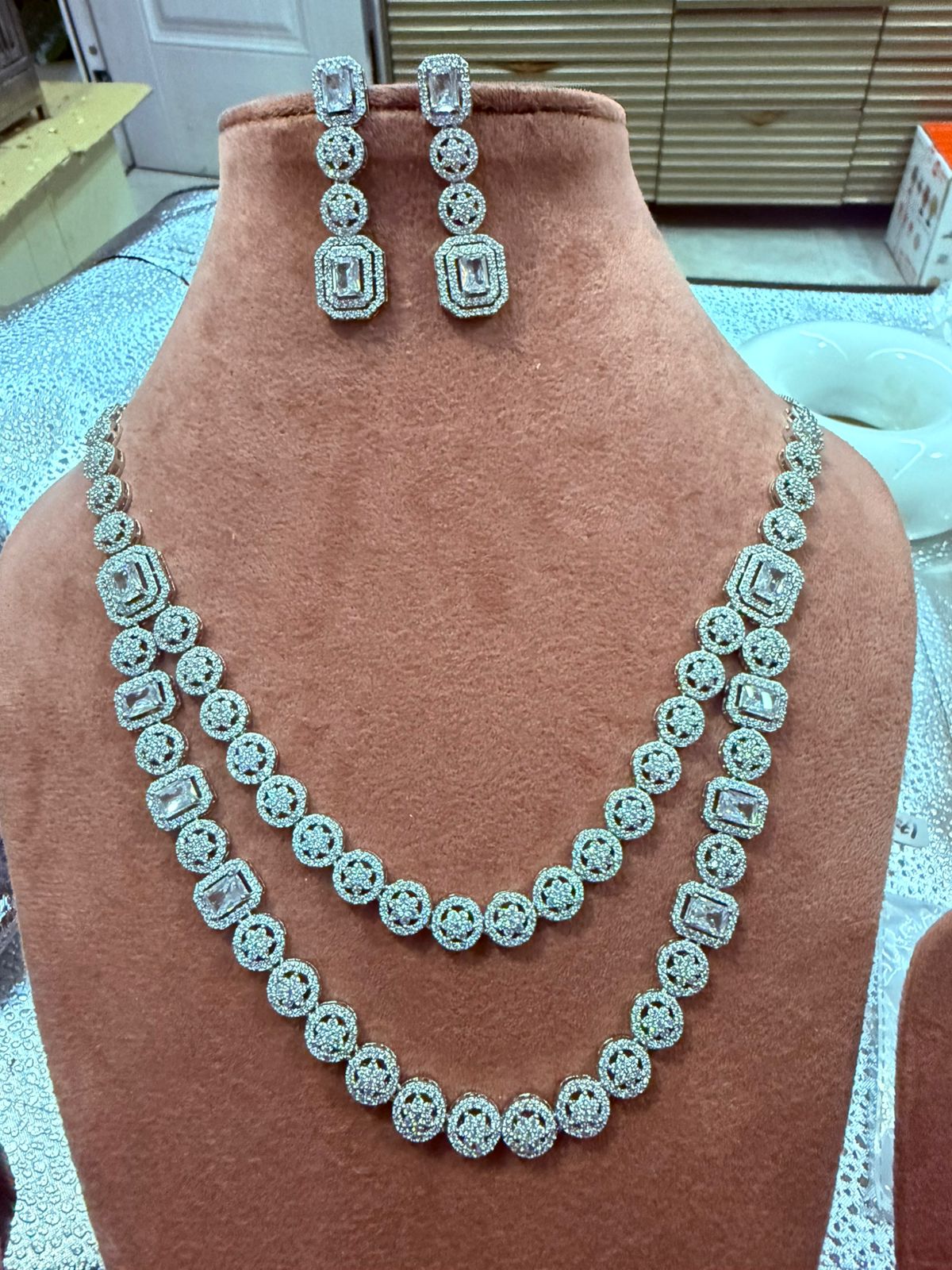 Double Layered CZ Stone & Square Cut AD Necklace Set