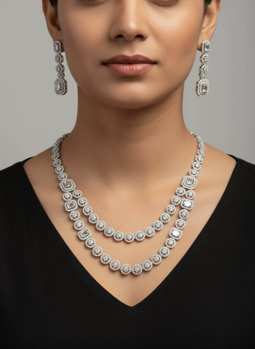 Double Layered CZ Stone & Square Cut AD Necklace Set