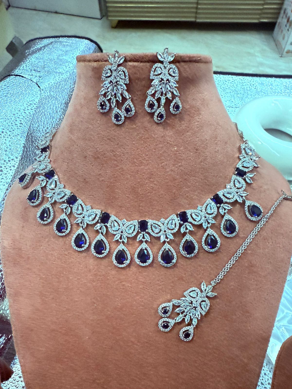 Pear Drop Sapphire Blue Stone AD Necklace & Maang Tika Set