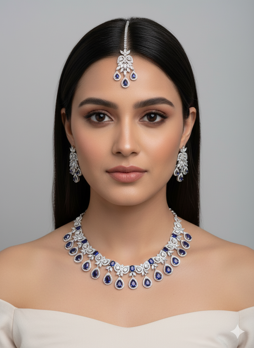 Pear Drop Sapphire Blue Stone AD Necklace & Maang Tika Set