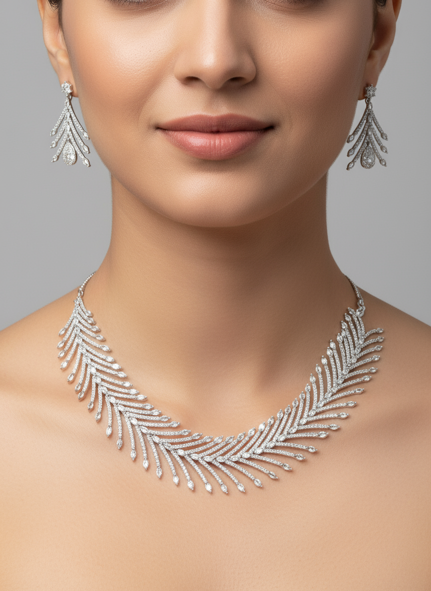 Feather-Inspired White CZ Stone Necklace Set