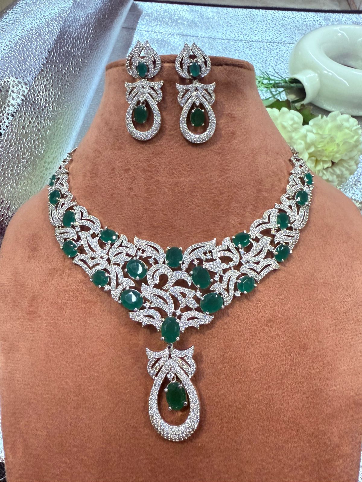 Royal Emerald Green & White CZ Statement Necklace Set