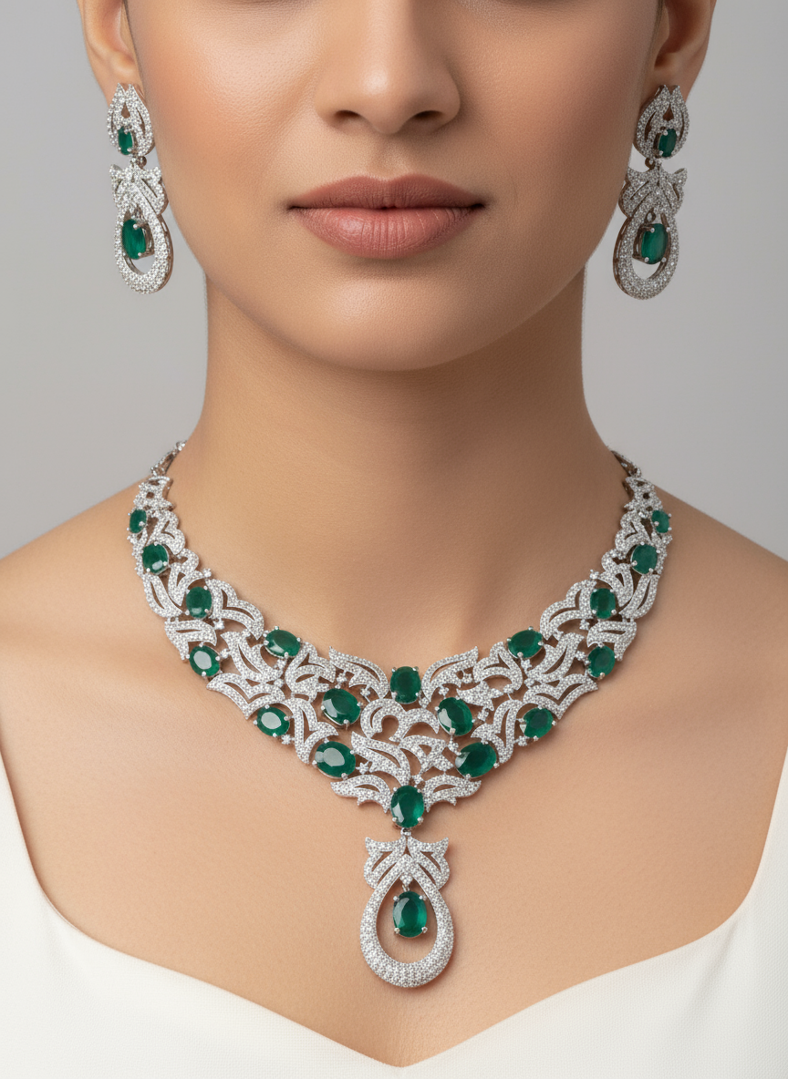 Royal Emerald Green & White CZ Statement Necklace Set