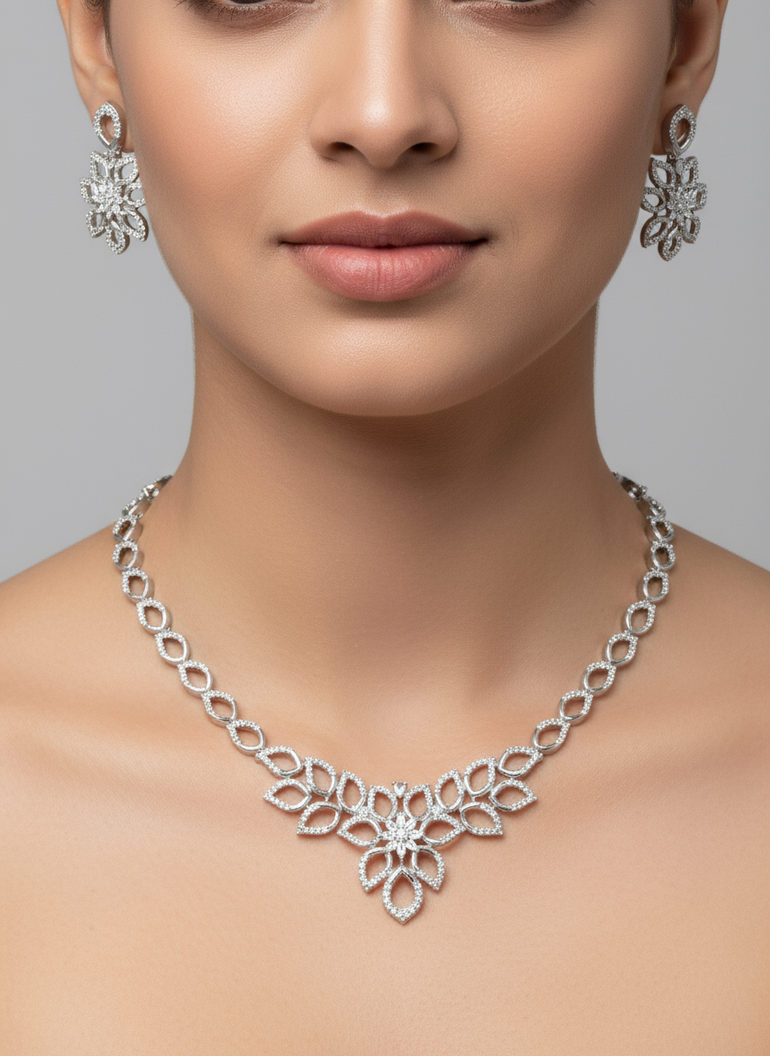 CZ Stone Floral Leaf Design Necklace and Earrings Set