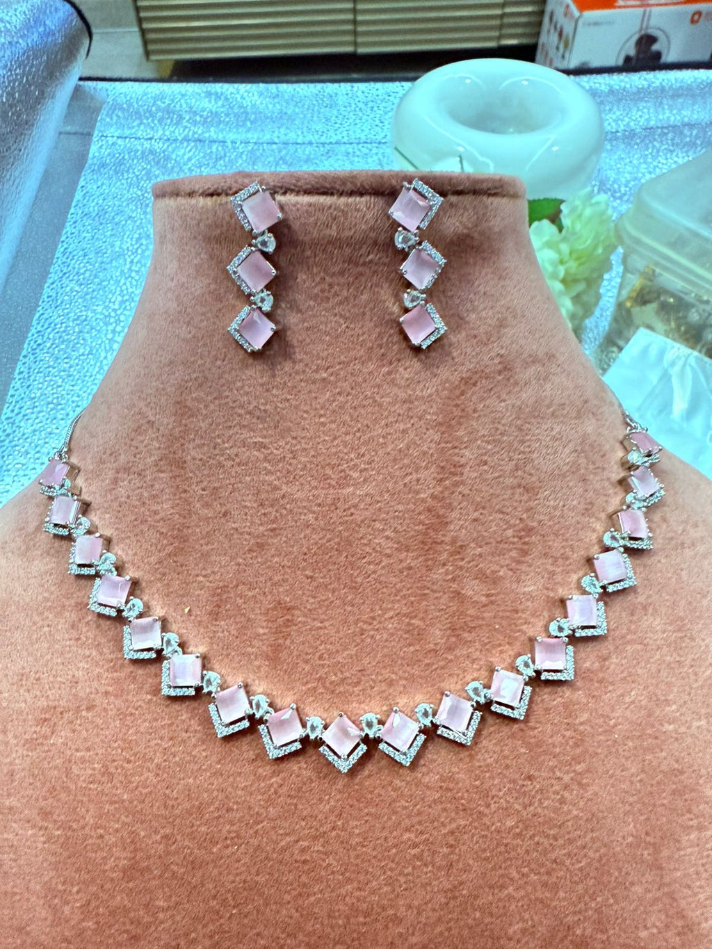 Pale Pink Crystal American Diamond Necklace Set