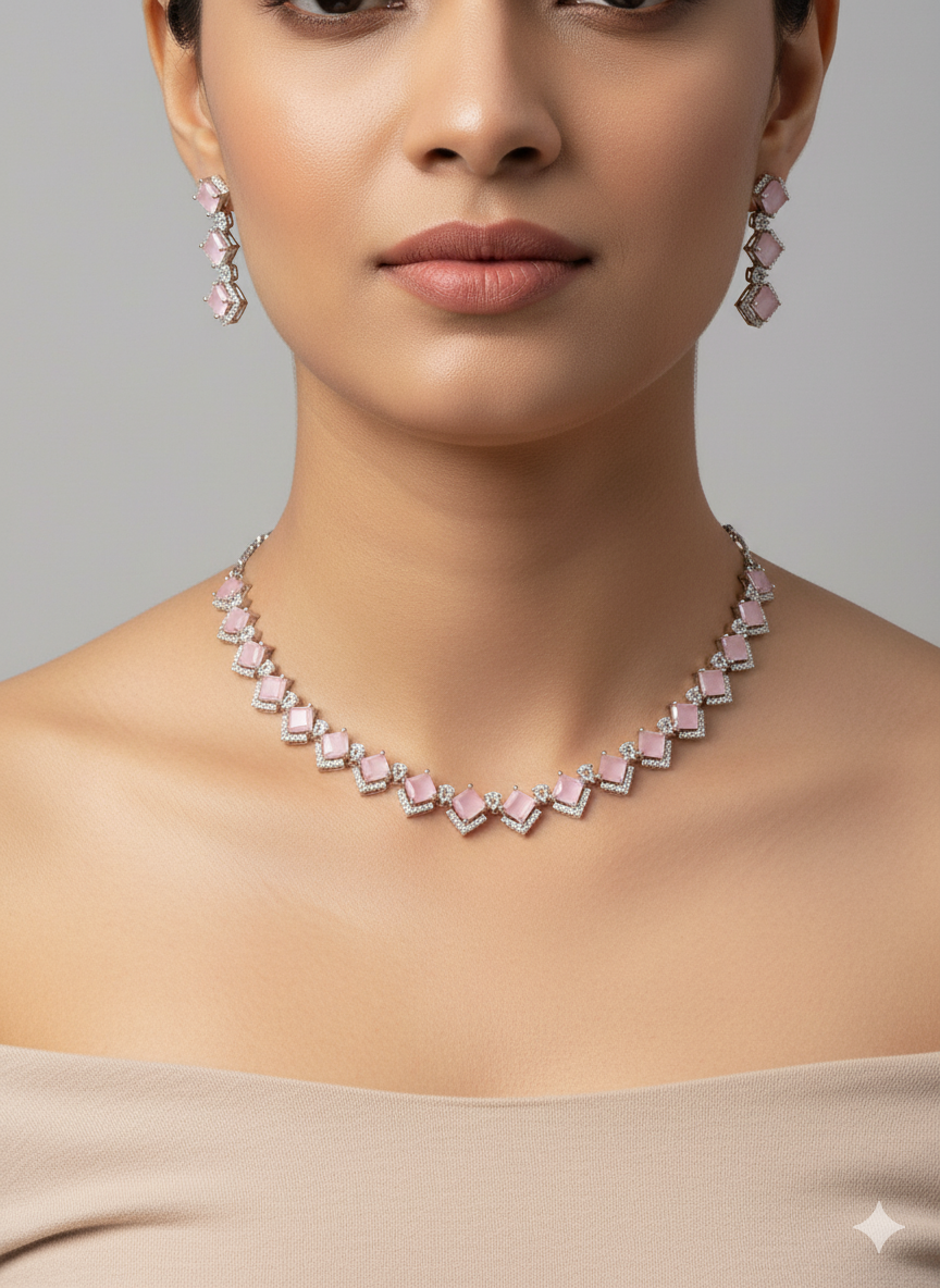 Pale Pink Crystal American Diamond Necklace Set