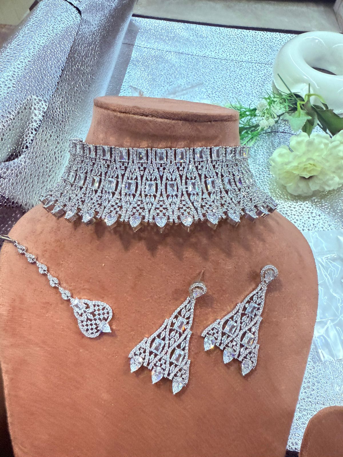 Intricate Patterned Wide CZ Choker and Maang Tikka Set