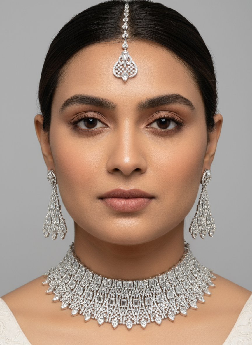 Intricate Patterned Wide CZ Choker and Maang Tikka Set