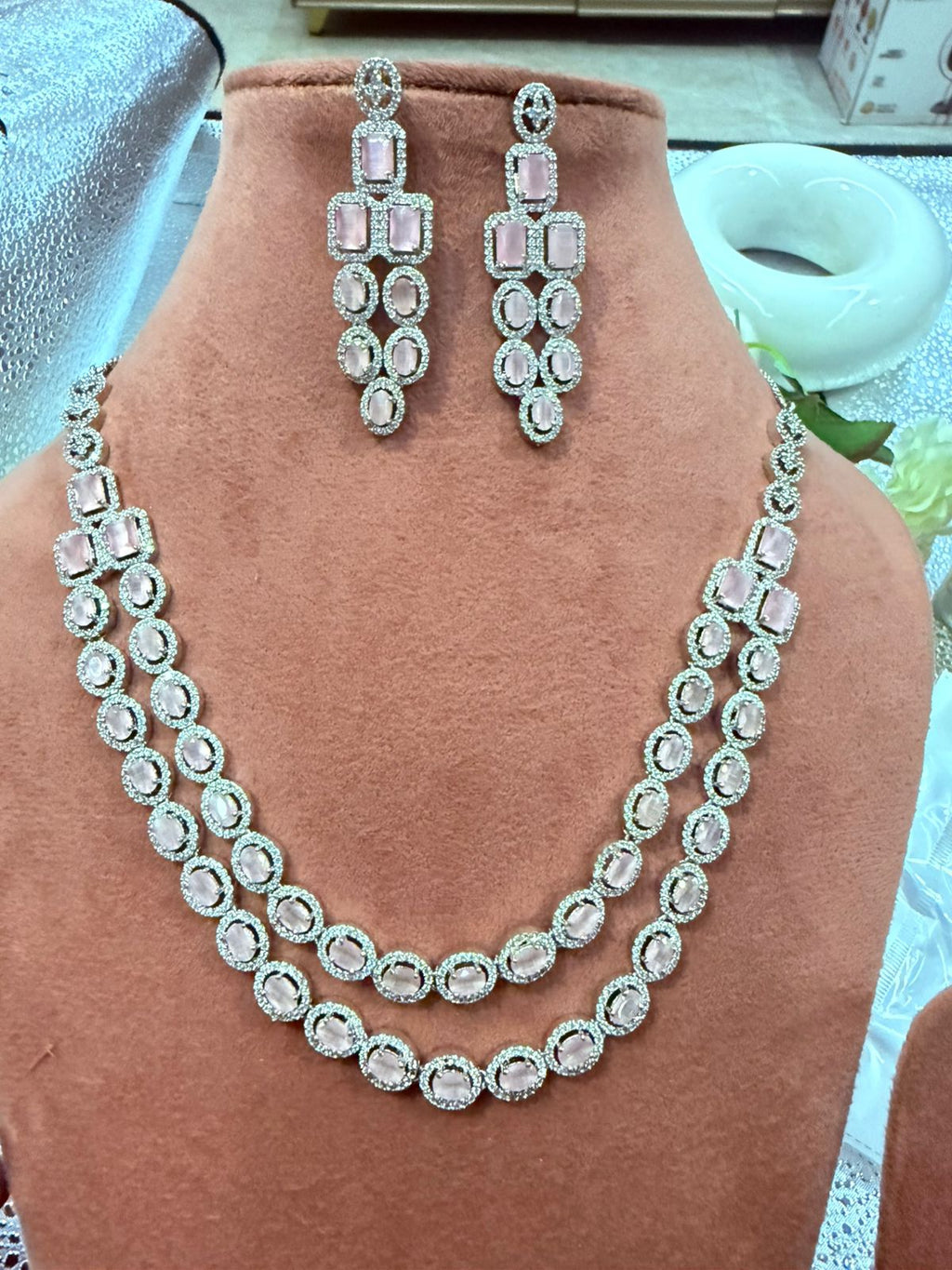 Double Layered Rose Pink CZ Stone Necklace Set