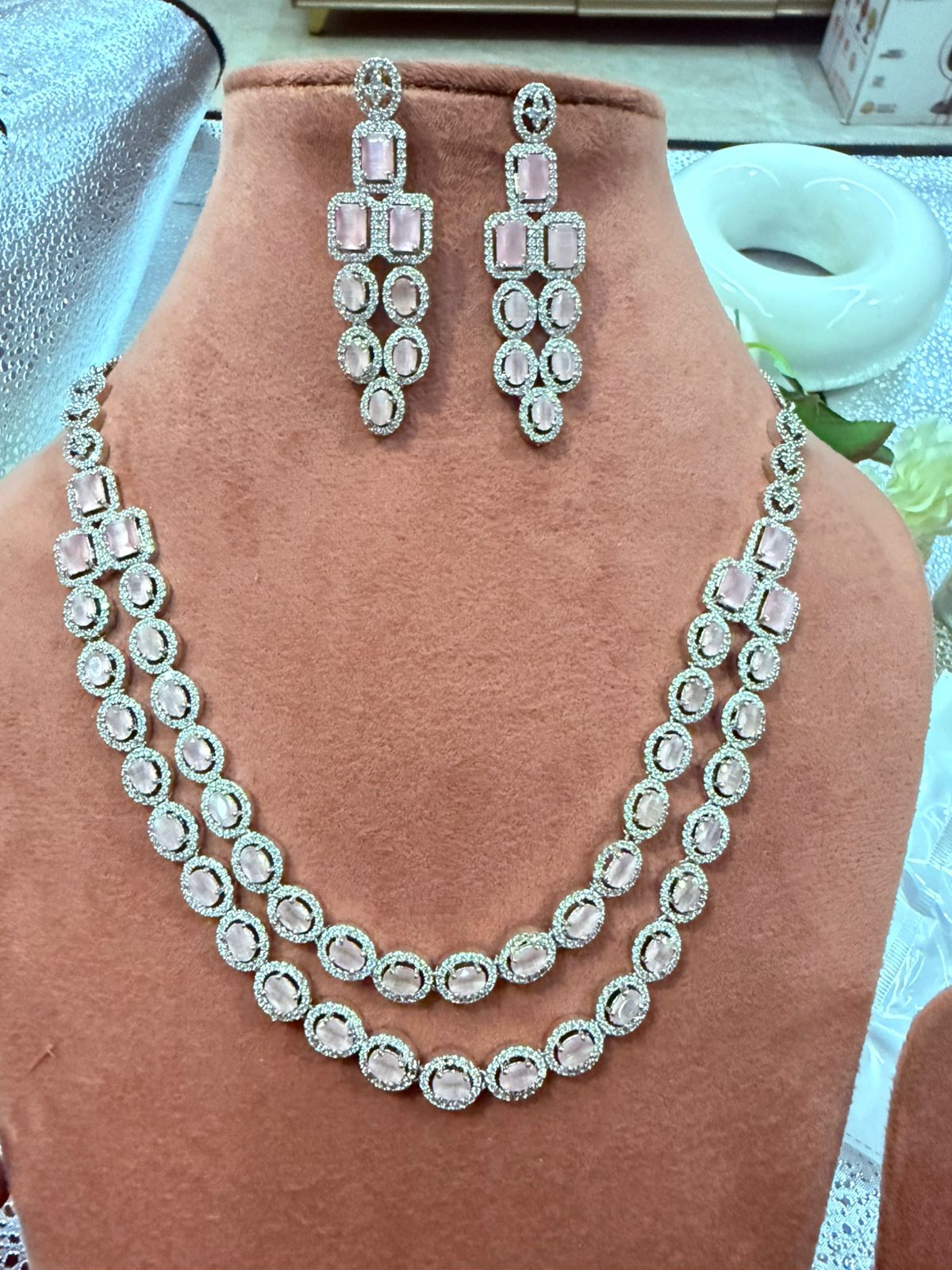 Double Layered Rose Pink CZ Stone Necklace Set