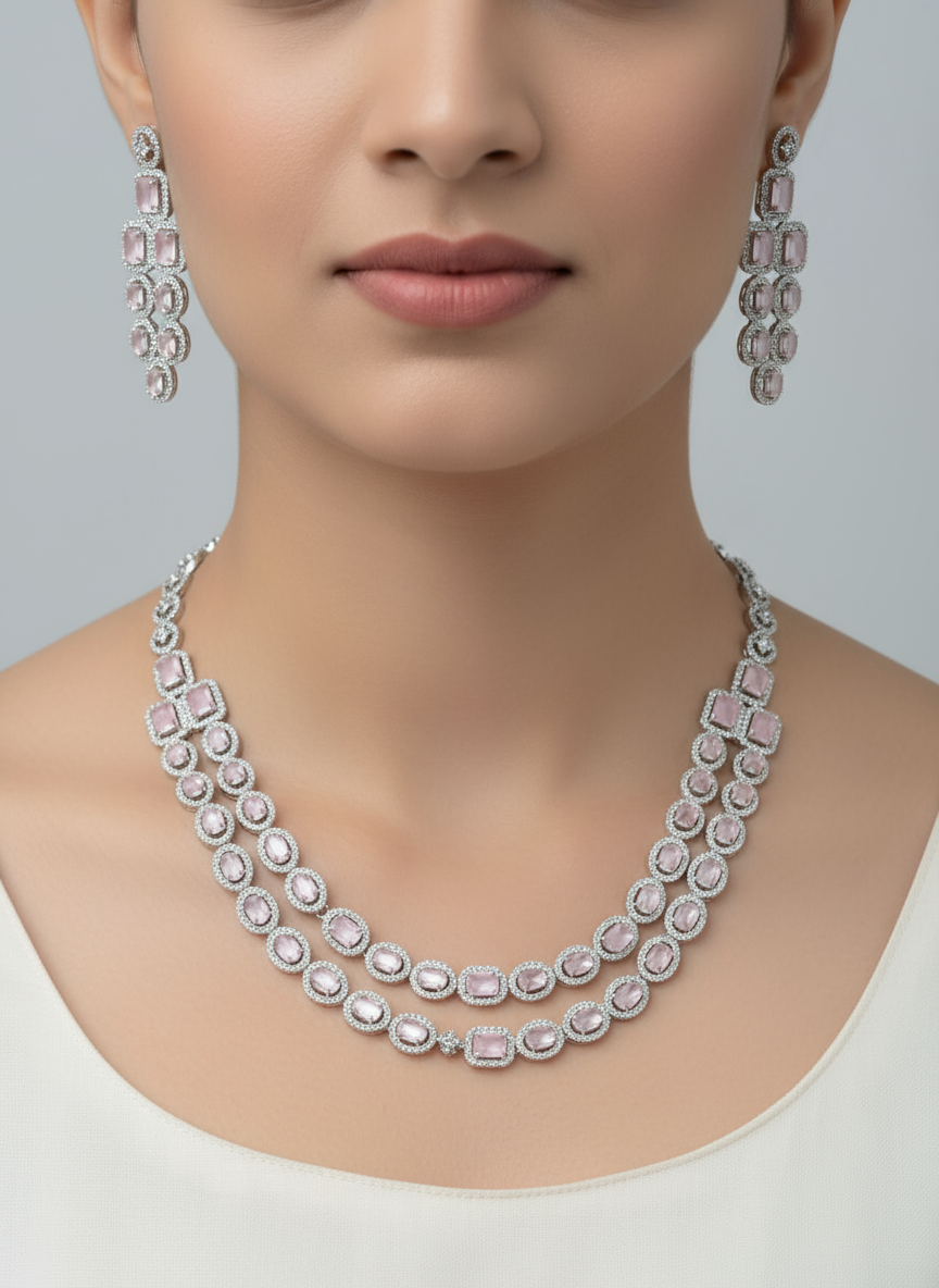 Double Layered Rose Pink CZ Stone Necklace Set