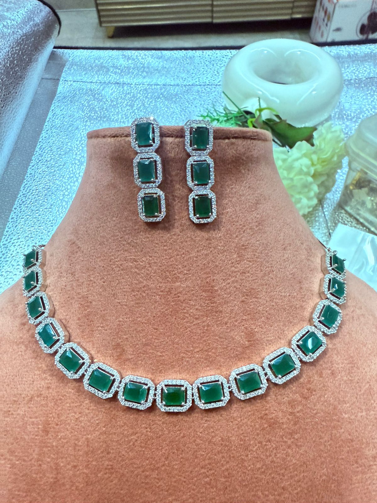 Emerald Green Emerald Cut CZ Halo Necklace Set