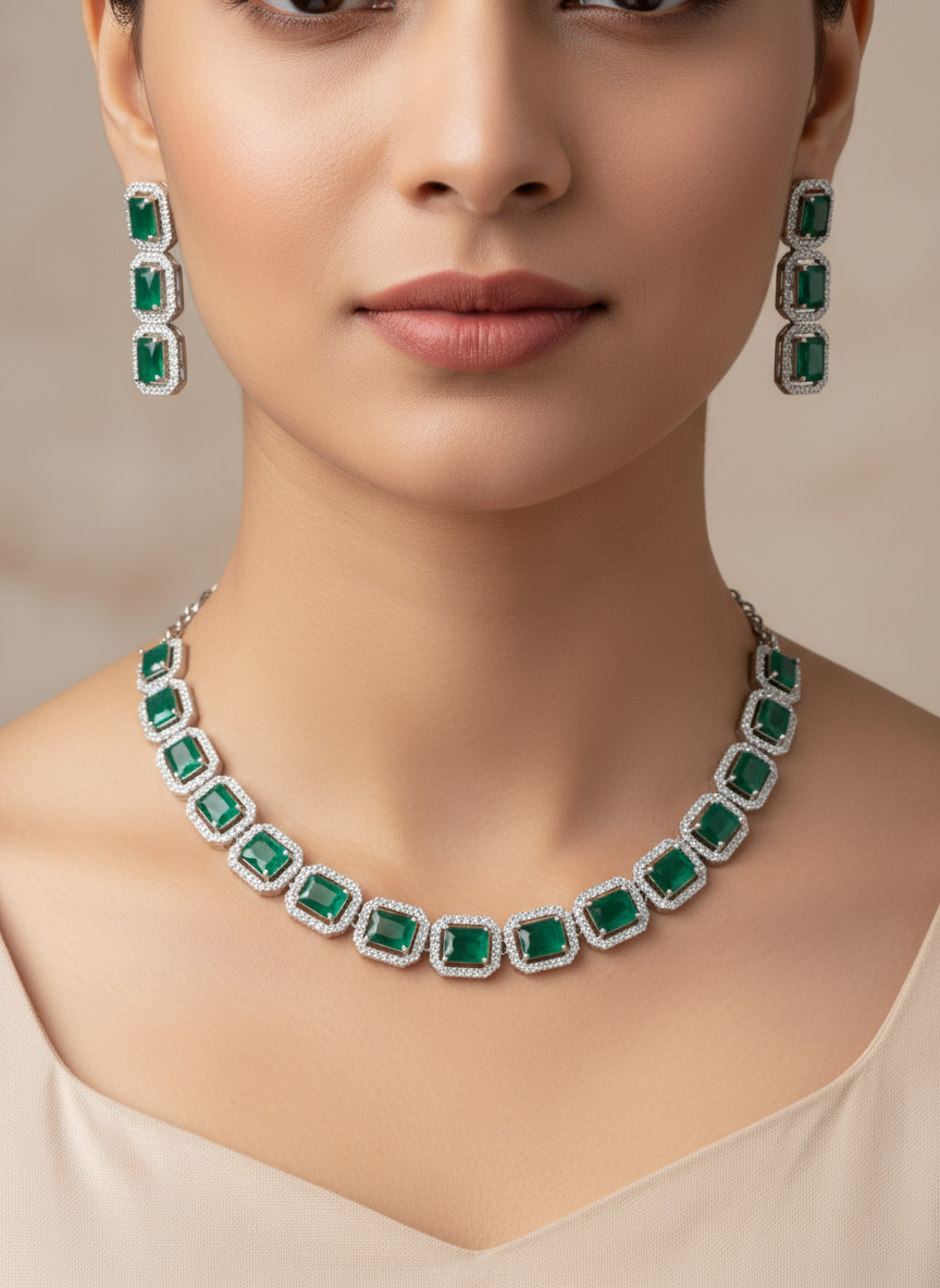 Emerald Green Emerald Cut CZ Halo Necklace Set