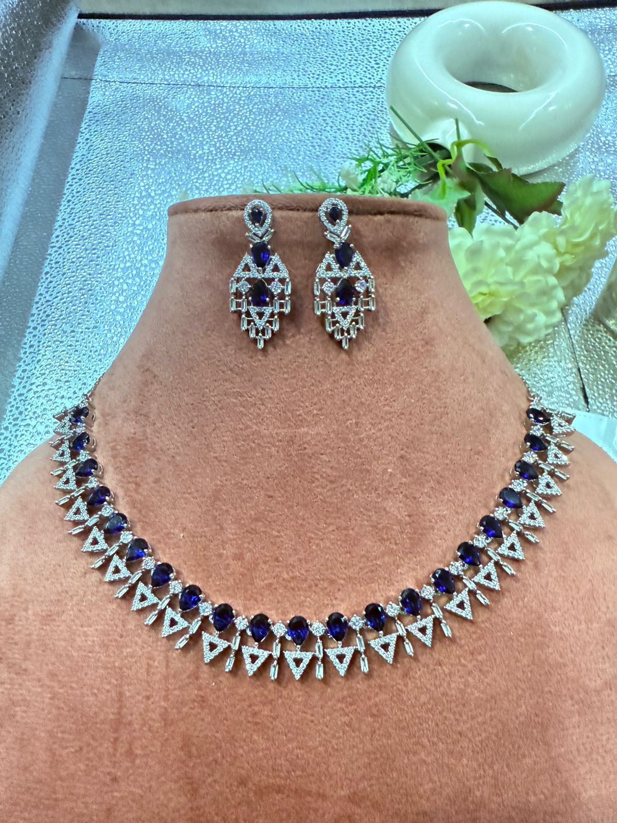Oval Blue Stone and Triangle CZ Statement Necklace Set