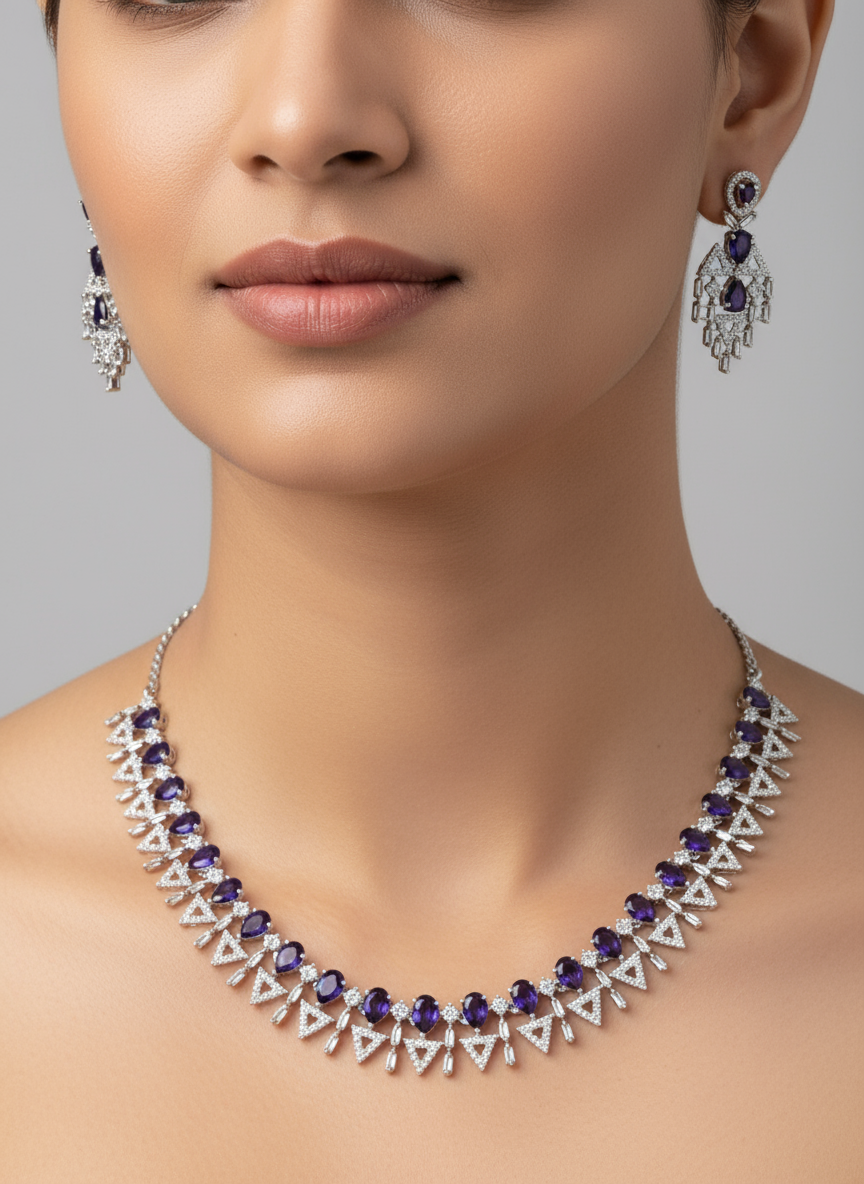 Oval Blue Stone and Triangle CZ Statement Necklace Set