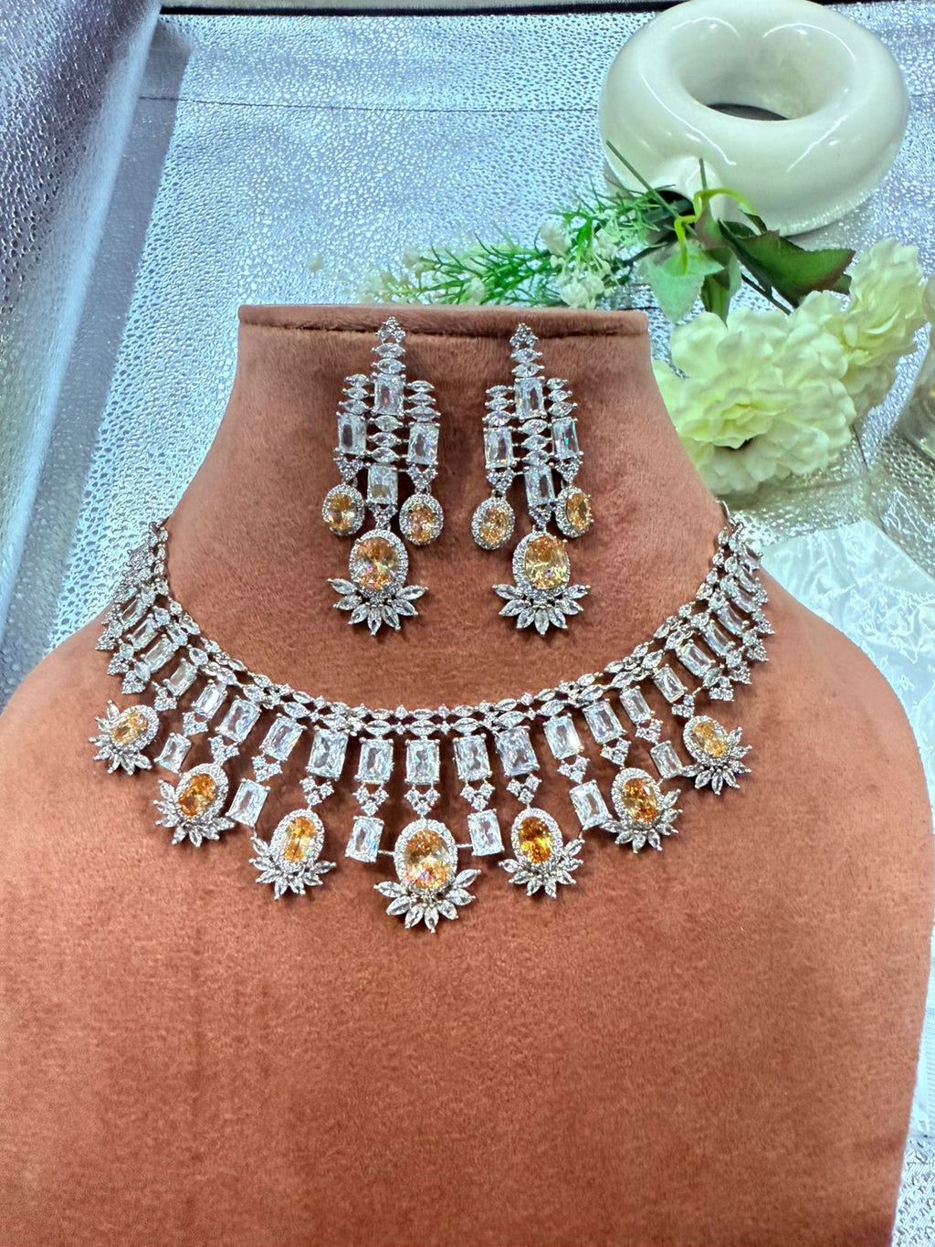 Champagne Yellow & White CZ Fringe Necklace Set