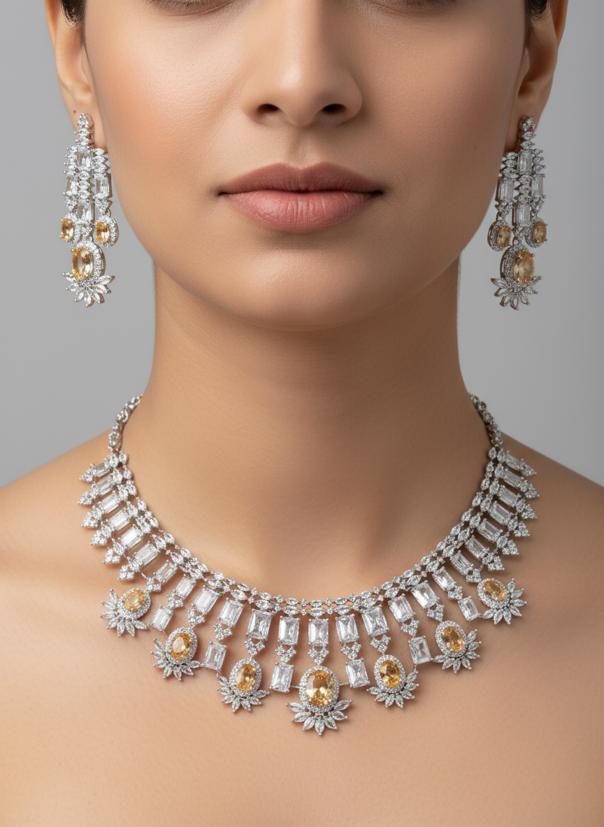 Champagne Yellow & White CZ Fringe Necklace Set