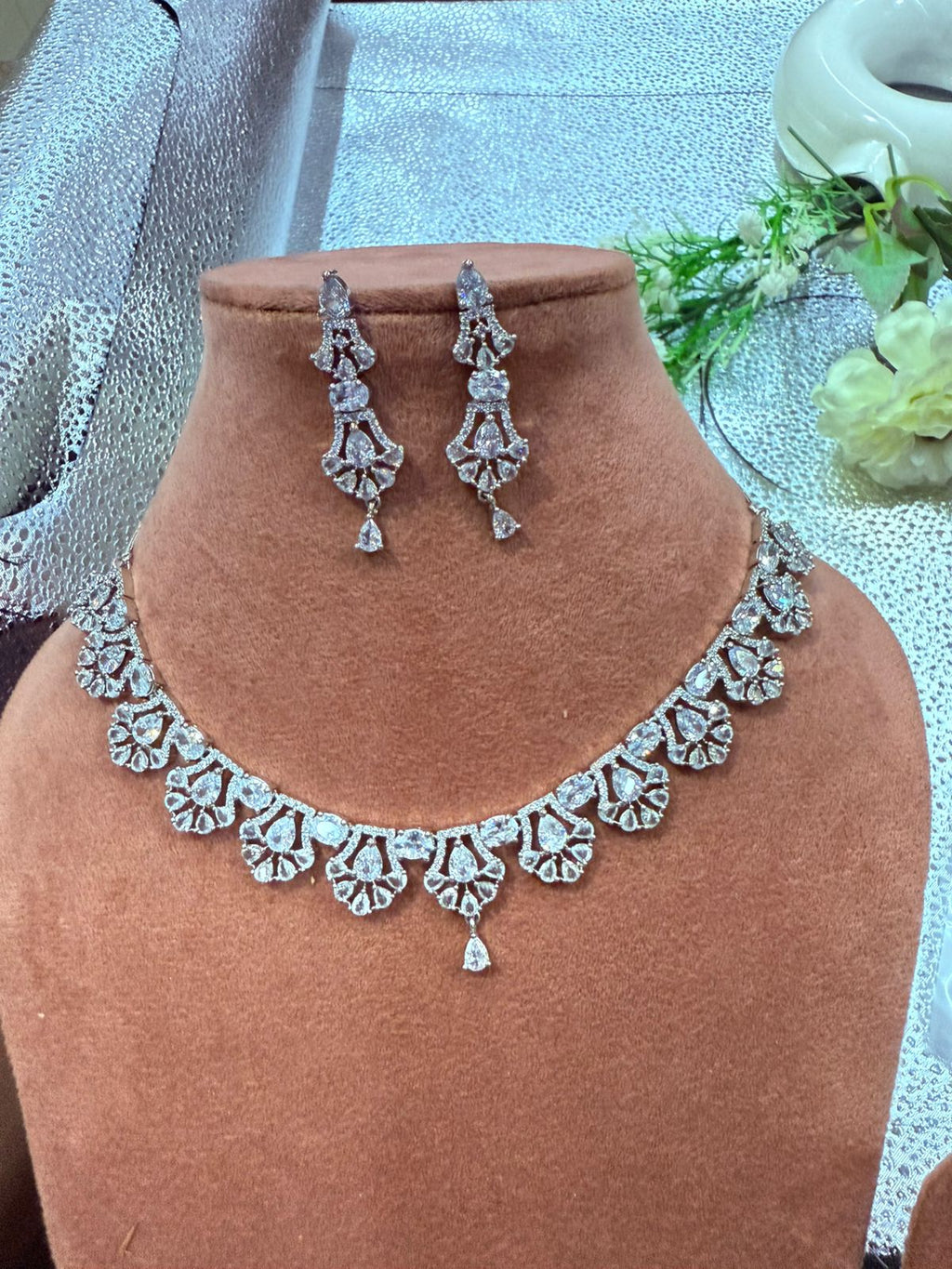 Rhodium Polish American Diamond Petal Design Set