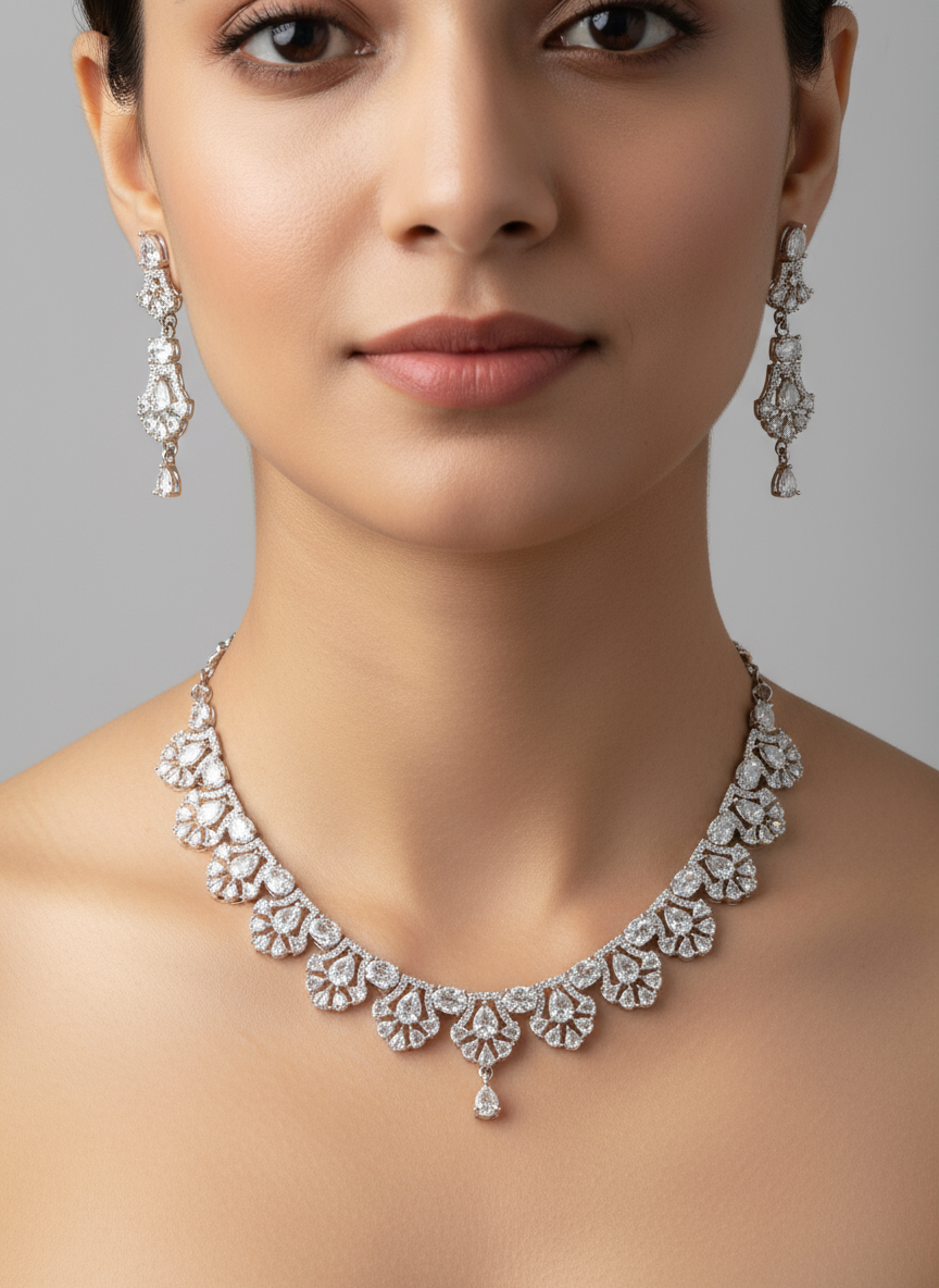 Rhodium Polish American Diamond Petal Design Set