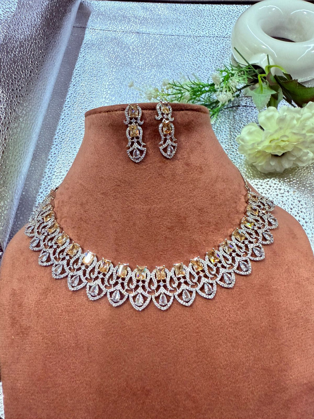 Two-Tone Crystal Pear Drop Statement Necklace Set