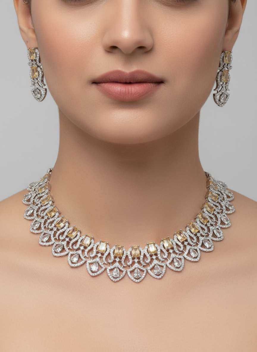 Two-Tone Crystal Pear Drop Statement Necklace Set
