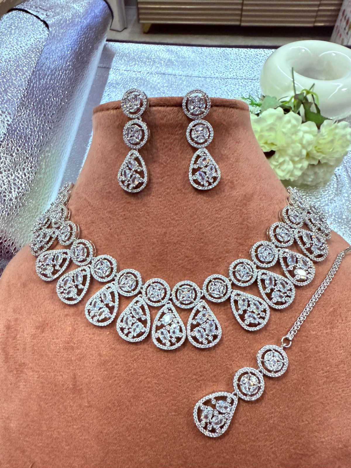 Teardrop Cluster White CZ Semi Bridal Set (Necklace, Earrings, Maang Tika)