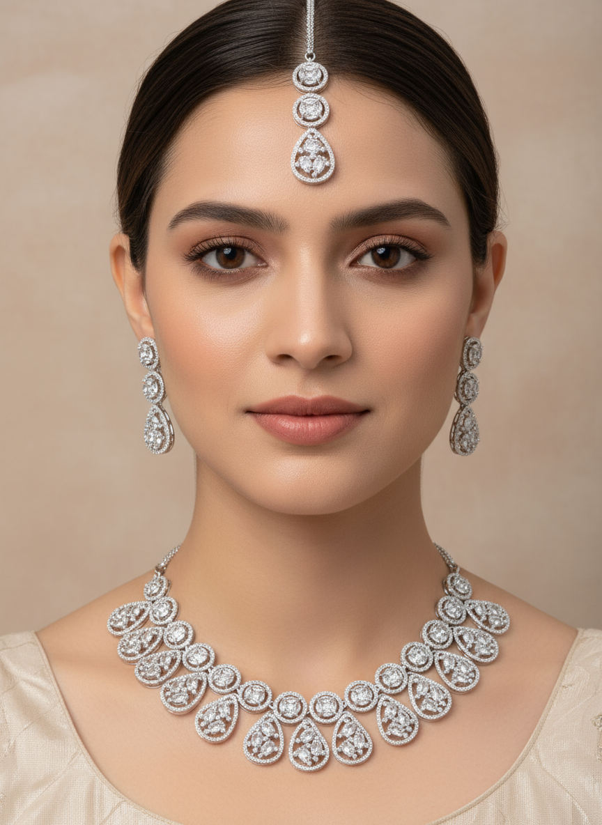 Teardrop Cluster White CZ Semi Bridal Set (Necklace, Earrings, Maang Tika)