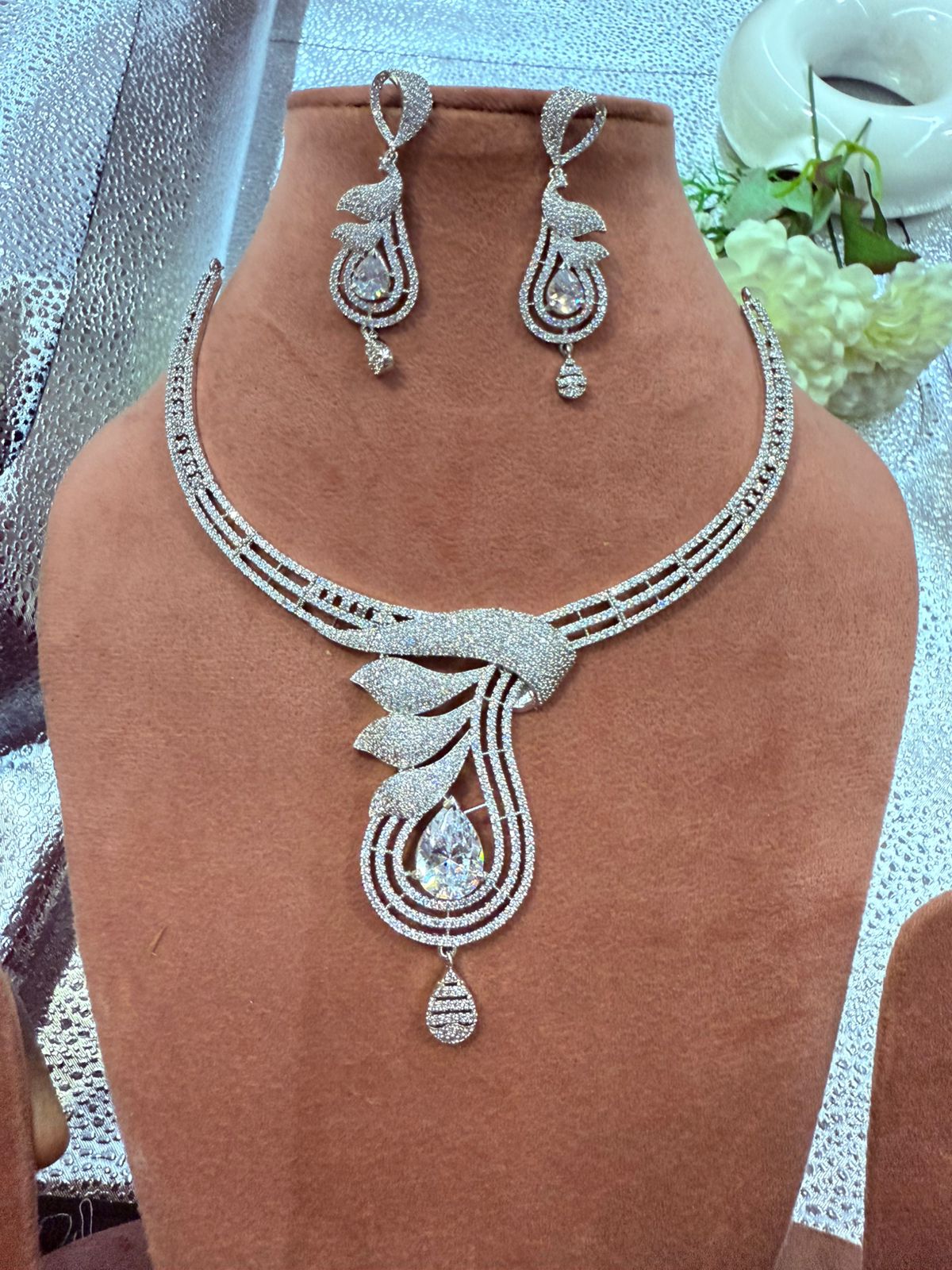 American Diamond Pear Cut Drop Choker Set