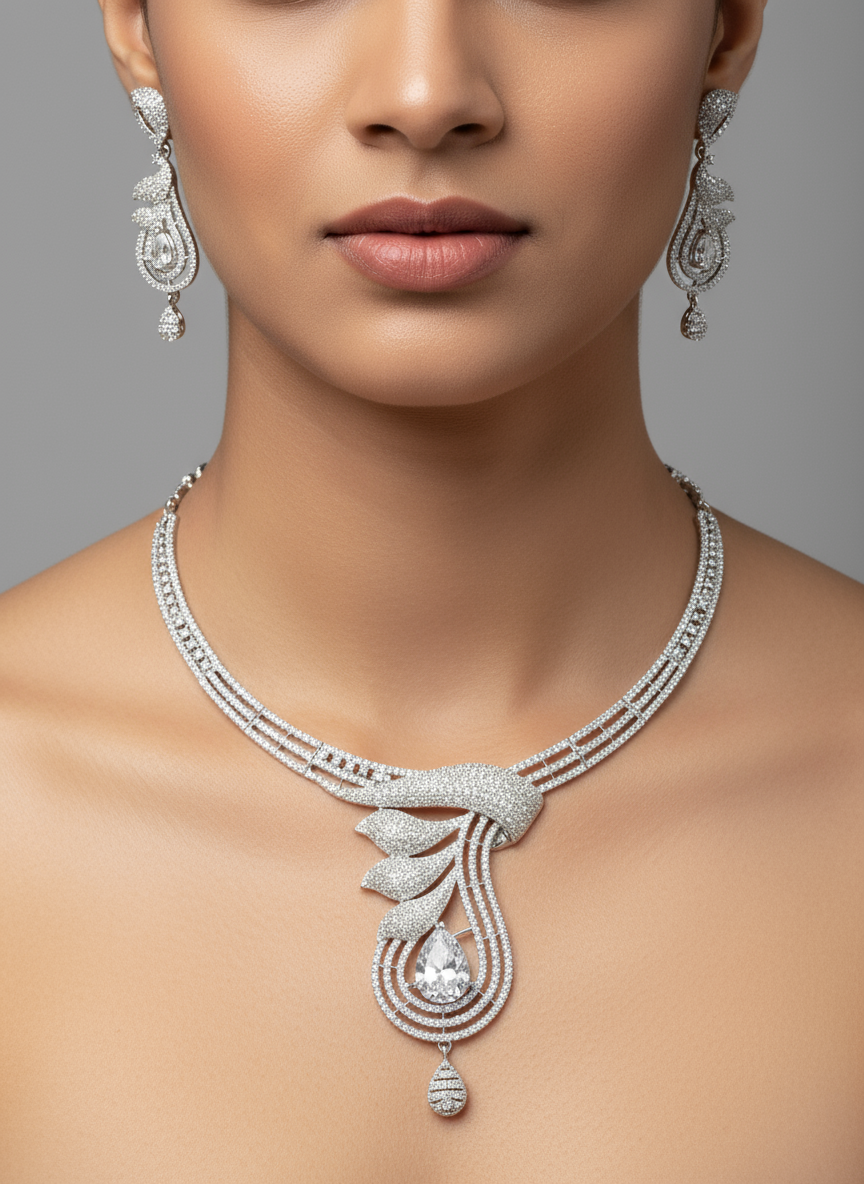 American Diamond Pear Cut Drop Choker Set