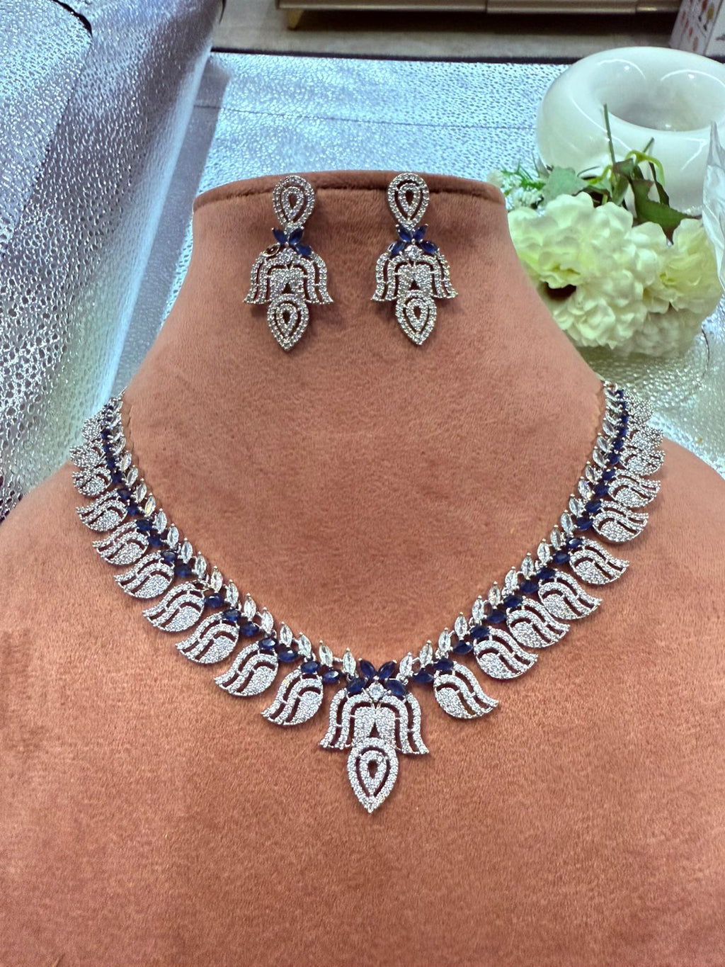 Royal Blue Marquise Cut Statement Necklace and Earrings